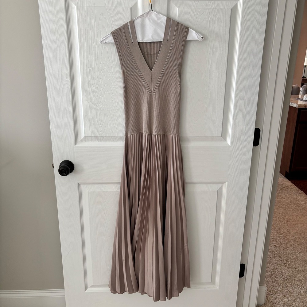 BOSS Hugo Boss Ribbed Knit Pleated Midi Dress Taupe V-Neck Cutout Shoulder